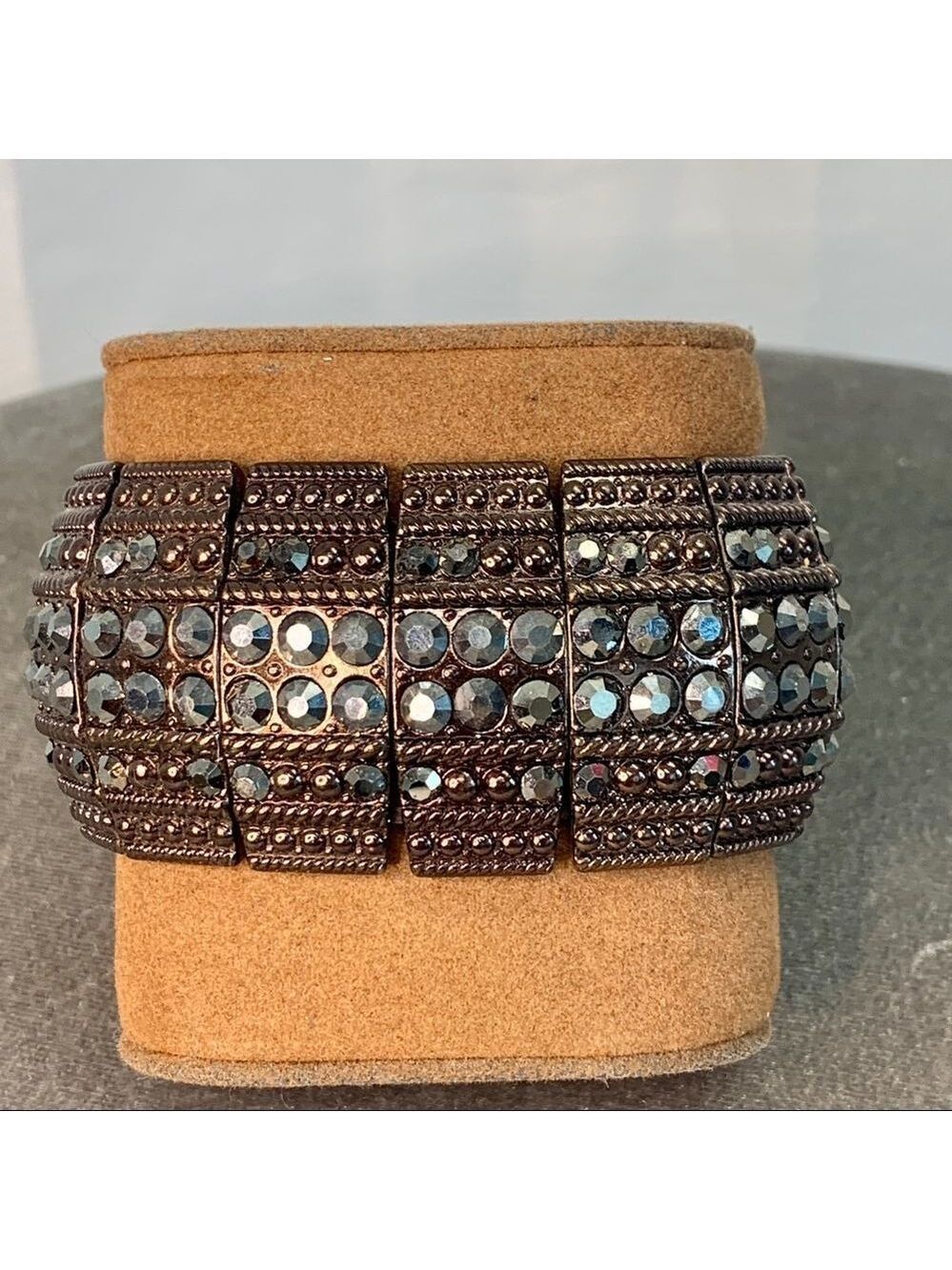 𝅺BRONZE brown chrome crystal rhinestone stretchy thick statement bracelet